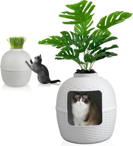 Cat House with Plant by Keygarzone, Plastic Cat Bed House with Rattan Pattern, Cat Cave with Carbon Filter, Cat Houses for Indoor Cats, Easy Assemble & Clean, Brown in Saudi Arabia