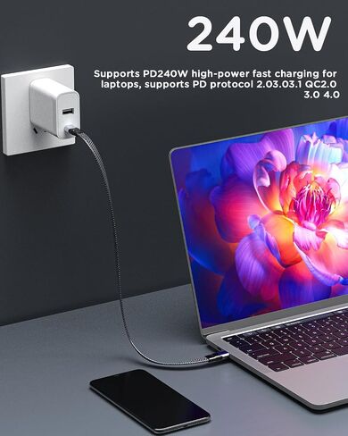Short USB 4 Cable Flat 20inch/50cm Dual Type-c 240W Fast Charging Cable with 8K@60Hz 40Gbps Data Transfer USB C Cable Compatible with iPhone15,MacBook,Thunderbolt 4/3,iPad,Monitor in Kuwait