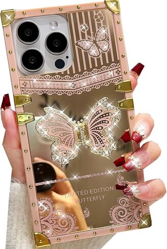 Glitter Kickstand Case for iPhone 16 Pro Max,Cute Luxury Bling Sparkly Butterfly with Foldable Stand Elegant Mirror Shockproof Protective Case for Women Girls for iPhone 16 Pro Max 6.9", Pink in Saudi Arabia