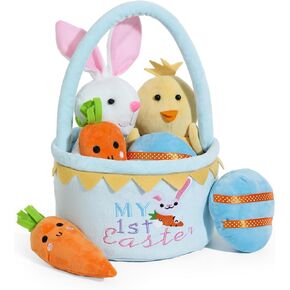 Easter Basket -My First Easter Basket Stuffed Plush Playset Baby's First Easter Basket Stuffed Cartoon Bunny Easter Egg Plush Basket for Kids 5pcs (Blue)