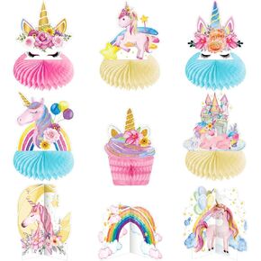 9 Pieces Unicorn Party Table Decorations Unicorn Honeycomb Centerpieces for Kids Girls,Table Decorations Rainbow Castle Unicorn Paper Table Topper Unicorn Theme Birthday Table Decorations