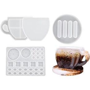 Coaster Resin Molds Set, Shaker Coaster Molds for Epoxy Resin, Cup Quicksand Coaster Silicone Mold with Coaster Holder Mold, Lemon Coffee Beans Filler Mold, Resin Casting Mold for Cup Pad