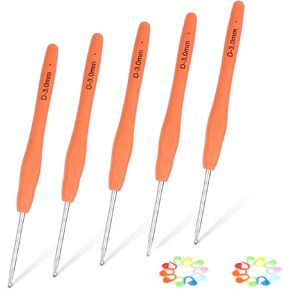 Aeelike 5pcs Size D / 3mm Crochet Hook, Soft Rubber Grip Crochet Needles with 20pcs Stitch Markers, Ergonomic Handles Crochet Hooks Set for Beginners and Experiecced Crochet Lover