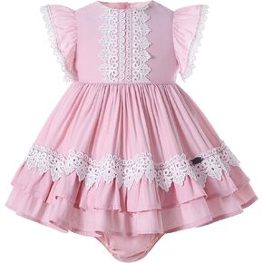 Pettigrl Girls Sweet Simple Pink Lace Ruffle Clothing Set Kid Summer Lovely Wedding Party Casual Dresses with Headpiece