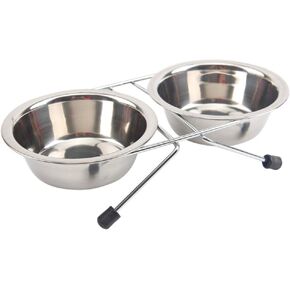 POPETPOP Pet Dog Cat Double Twin Bowls Stainless Steel Food and Water Bowls with Antiskid Iron Stand - M (Silver)