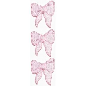 ONCEX 3PCS. Size Small Cute Pink Christmas Ribbon Bow Patches Embroidered Applique Iron on Patch Embroidery Sewing for Backpacks Jeans Jackets T-Shirt Hat Clothing