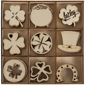 Mini Laser Cuts Wood Shape St. Patrick's Day Mini Icons - Shamrocks, Pot of Gold, Horseshoe, Leprechaun Hat, and More - 54 Pieces