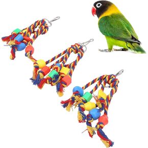 Zerodis 3Pcs Bird Chewing Toys Parakeet Chewing Colorful Cotton Rope Toys Parrots Shredder Toys Beads Bite String for Small Medium Parrots