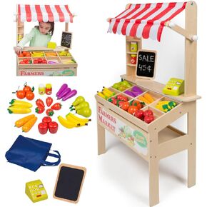 Wooden Farmers Market Stand - Toy Grocery Set for Pretend Role Play, 30+ Pieces- Includes Fruit Veggies Chalkboard & Cash Register, Fun Indoor Natural Wood Set, Kids Playroom, Daycare Activity Center