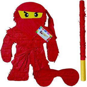 APINATA4U Red Ninja Pinata Kit (17.5x12.2x3.5 Inch) - Elevate Ninja Party Excitement with Complete Supplies, Themed Birthday Fun, Photo Prop, Decorations, Includes Stick and Mask!