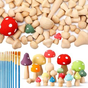 100 Pcs Wooden Mushrooms with Paintbrushes Unfinished Mini Natural Wooden Mushrooms Decor to Paint for Crafts and Arts, DIY Home Desk Bookshelves Decoration