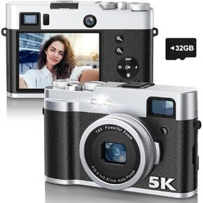 5K Digital Camera for Photography and Video Autofocus 48MP Vlogging Selfie Camera Anti-Shake with Flash Viewfinder Dial, 16X Digital Zoom Compact Video Camera for Travel with 32GB Card, 2 Batteries
