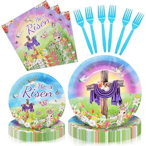 96 Pieces "He is Risen" Easter Day Tableware Set Party Supplies - Religious Theme Disposable Dinnerware with Paper Plates, Napkins, Forks for Spring Resurrection Christian Celebration Favors in Kuwait