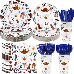 Western Cowboy Party Decorations Tableware - Cowboy Birthday Party Supplies Include Paper Plate, Napkin, Tablecloth, Cutlery, Wild West Cowboy Theme Party Decorations Dinnerware | Serve 24
