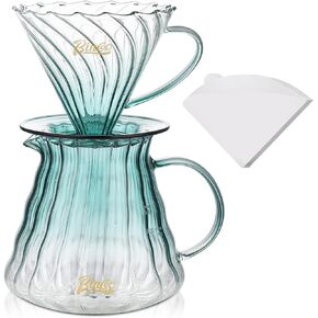 مجموعة ماكينة تحضير القهوة Bincoo Pour Over مع قطارة بحجم 02,600 مل، مجموعة أدوات تقديم القهوة الزجاجية V60 مع حامل خشبي وورق فلتر هدية للمكتب المنزلي (أزرق)