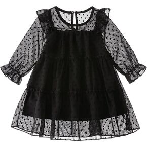 Toddler Girl Dress Ruffle Long Sleeve Swiss Dot Mesh Flowy A Line Chiffon Baby Girls Dresses