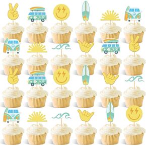 32Pcs Surfing Party Cupcake Toppers Hippie Groovy Birthday Party Decor Boho Wave Sun Hippie Bus Shaka Cake Decorations Summer Beach Party Supplies