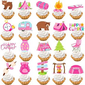 Happy Camper Cupcake Toppers 48Pcs Pink Camper Themed Cupcake Toppers Happy Camper Birthday Decoration Camping Party Cake Picks for Camper Theme Baby Shower Supplies
