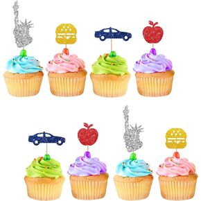 24pcs New York Cupcake Toppers, New York Landmarks Cupcake Toppers, Gold Glitter New York City Cake Decoration for Boy Girl, New York Themed Wedding/Birthday Party Supplies