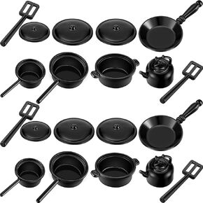 20 Pieces Dollhouse Miniature Metal Pots and Pans 1/12 Scale Miniature Stovetop Cookware Mini Dollhouse Kitchen Cookware Dollhouse Decoration Accessories Party Supplies for Pretend Play, Black