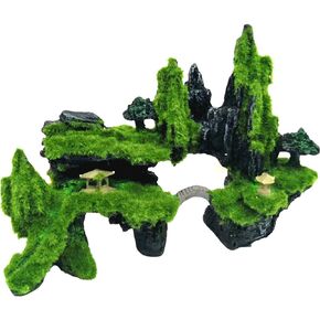 Tfwadmx Fish Tank Mountain View Decoration Aquarium Stone Ornament Bridge with Moss Tree House Cave for Small Fish Hide