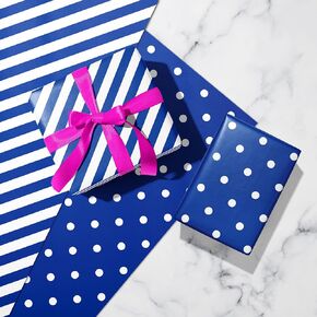 Blue Wrapping Paper - Gift Wrap With Navy Stripes and Polka Dot Design for Birthday, Baby Shower, Wedding, Holiday - 20×29 Inches, 6 Folded Sheets
