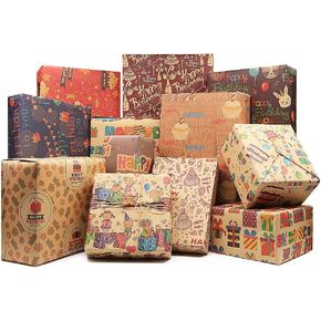 Happy Birthday Wrapping Paper, Recycled Kraft Wrapping Paper, Birthday Gift Wrapping Paper, 12 sheets 20 x 28 inches per sheet, Brown Folded Paper with Jute Strings and Stickers for Kids Girls Boys Women Men