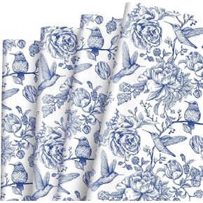JarThenaAMCS 6 Sheets Floral Wrapping Paper - Not Roll - Blue White Flower Bird Gift Wrap Paper Folded Flat Chinoiserie DIY Craft Art Paper for Wedding Birthday Baby Shower Party Supplies