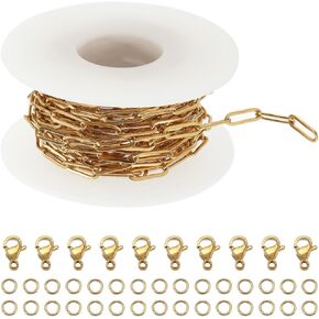 SUNNYCLUE 1 Roll 16.4Feet/5m Stainless Steel Paperclip Chain Bulk 12x4mm Golden Paper Clip Chains Links Real 18K Gold Plated 10Pcs Lobster Clasps 30Pcs Open Jump Rings for Jewelry Making Supplies