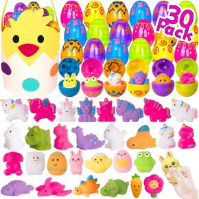 30 Packs Easter Plastic Printed Bright Eggs,Easter Theme Pop Keychain Bracelets Rings Bubble Toys Set,Fidget Stress Relief Squeeze for Basket Stuffer,Classroom Exchange Game Prize Supplies