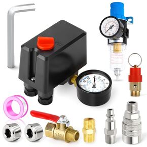 MEANLIN MEASURE Air Compressor Pressure Switch Control Valve 120-150 PSI 110V-240V 4-Way Replacement Parts with AFR2000 Air Line Filter and Safety Pressure Relief Valve
