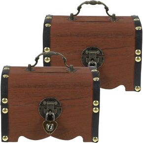 DOITOOL 2Pcs Retro Wooden Treasure Chest Storage Box, Unique, Handmade Vintage Design Piggy Bank Money Box Case Organizer with Lock and Keys, Best Gift for Kids Adult (Light Brown)