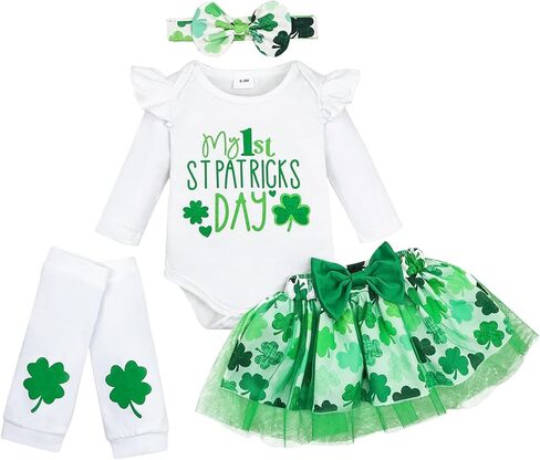 مجموعة تنورة من Aenbilo My 1st St. Patricks للفتيات الصغيرات فستان St Patricks Day مكشكش وأكمام طويلة رومبير Lucky Clover طباعة تنورة in Kuwait