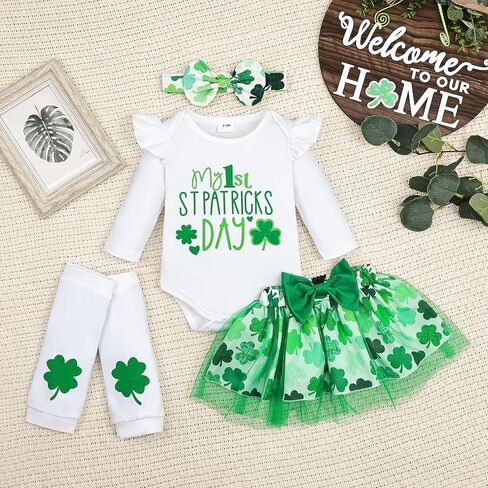 مجموعة تنورة من Aenbilo My 1st St. Patricks للفتيات الصغيرات فستان St Patricks Day مكشكش وأكمام طويلة رومبير Lucky Clover طباعة تنورة in Kuwait
