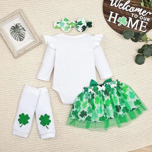 مجموعة تنورة من Aenbilo My 1st St. Patricks للفتيات الصغيرات فستان St Patricks Day مكشكش وأكمام طويلة رومبير Lucky Clover طباعة تنورة in Kuwait