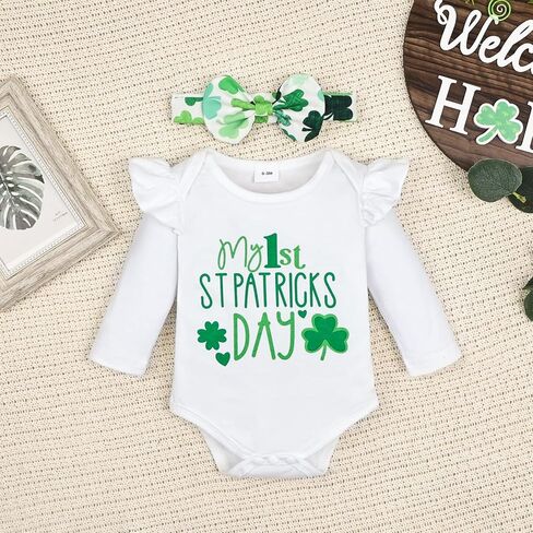 مجموعة تنورة من Aenbilo My 1st St. Patricks للفتيات الصغيرات فستان St Patricks Day مكشكش وأكمام طويلة رومبير Lucky Clover طباعة تنورة in Kuwait