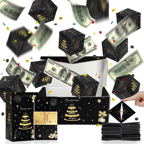 ZCCLINN Birthday Surprise Gift Box Explosion, Pop Up Money Box for Cash Gift, Black Gold Happy Birthday Exploding Folding Bouncing Boxes, Pop Out Cash Holder for Women Men Kids Bday Party (12 Bounces) in Saudi Arabia