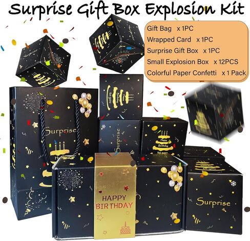 ZCCLINN Birthday Surprise Gift Box Explosion, Pop Up Money Box for Cash Gift, Black Gold Happy Birthday Exploding Folding Bouncing Boxes, Pop Out Cash Holder for Women Men Kids Bday Party (12 Bounces) in Saudi Arabia