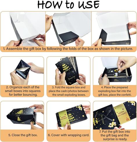 ZCCLINN Birthday Surprise Gift Box Explosion, Pop Up Money Box for Cash Gift, Black Gold Happy Birthday Exploding Folding Bouncing Boxes, Pop Out Cash Holder for Women Men Kids Bday Party (12 Bounces) in Saudi Arabia