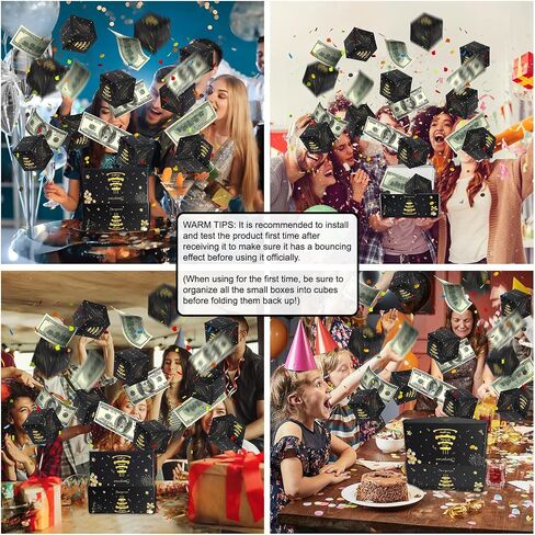 ZCCLINN Birthday Surprise Gift Box Explosion, Pop Up Money Box for Cash Gift, Black Gold Happy Birthday Exploding Folding Bouncing Boxes, Pop Out Cash Holder for Women Men Kids Bday Party (12 Bounces) in Saudi Arabia