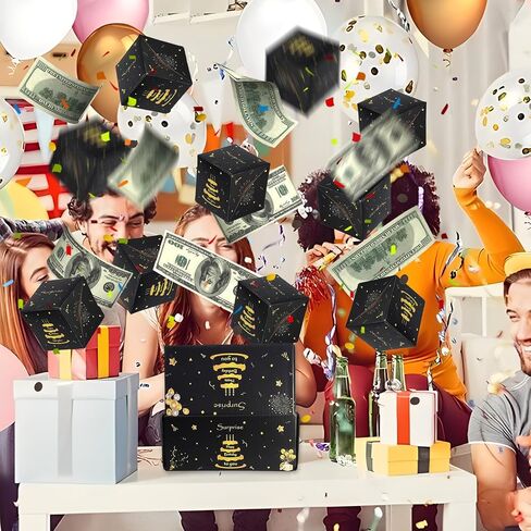 ZCCLINN Birthday Surprise Gift Box Explosion, Pop Up Money Box for Cash Gift, Black Gold Happy Birthday Exploding Folding Bouncing Boxes, Pop Out Cash Holder for Women Men Kids Bday Party (12 Bounces) in Saudi Arabia