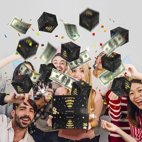 ZCCLINN Birthday Surprise Gift Box Explosion, Pop Up Money Box for Cash Gift, Black Gold Happy Birthday Exploding Folding Bouncing Boxes, Pop Out Cash Holder for Women Men Kids Bday Party (12 Bounces) in Saudi Arabia