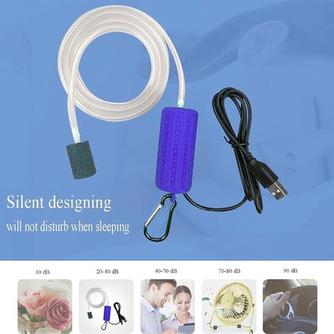 USB Air Pump Aquarium, Ultra Quiet Mini Oxygen Pump for Fishing or Fish Tank with Hanging Buckle and 2 Air Stones - Blue in Kuwait