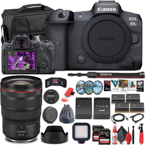 كاميرا Canon EOS R5 الرقمية بدون مرآة (الهيكل فقط) (4147C002) + عدسة Canon RF مقاس 24-70 مم + بطاقة ذاكرة 2 × 64 جيجابايت + حقيبة + برنامج Corel + بطارية 3x LPE6 + شاحن خارجي + قارئ بطاقات + المزيد (متجددة) in Saudi Arabia