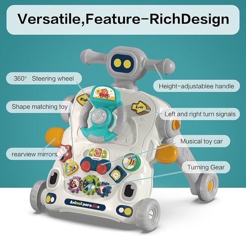 3 in1 Walker and Push Toy for Baby, Baby Sit-to-Stand Activity Center, Early Education Musical Play Table, Steering Wheel Car Driving Play Panel Toy for Infant 6-12 Months Boys Girls Gray in Saudi Arabia