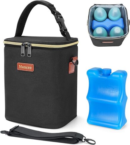 حقيبة تبريد حليب الثدي من مانكرو مع علبة ثلج، حقيبة زجاجات الأطفال تناسب 4 زجاجات أطفال يصل وزنها إلى 9 أونصة، حقيبة تبريد حليب الثدي للسفر أثناء السفر للأمهات المرضعات، باللون الأسود in Kuwait