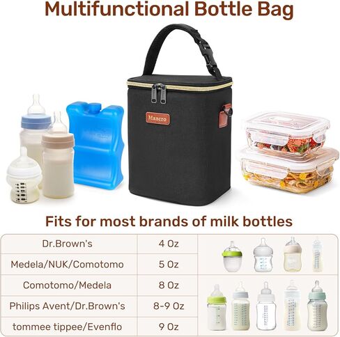 حقيبة تبريد حليب الثدي من مانكرو مع علبة ثلج، حقيبة زجاجات الأطفال تناسب 4 زجاجات أطفال يصل وزنها إلى 9 أونصة، حقيبة تبريد حليب الثدي للسفر أثناء السفر للأمهات المرضعات، باللون الأسود in Kuwait