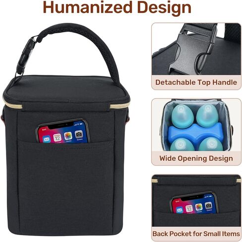 حقيبة تبريد حليب الثدي من مانكرو مع علبة ثلج، حقيبة زجاجات الأطفال تناسب 4 زجاجات أطفال يصل وزنها إلى 9 أونصة، حقيبة تبريد حليب الثدي للسفر أثناء السفر للأمهات المرضعات، باللون الأسود in Kuwait