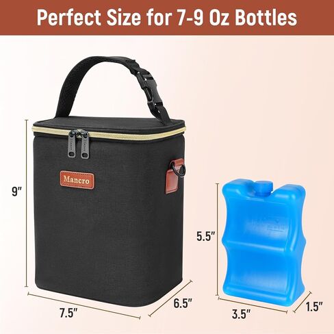 حقيبة تبريد حليب الثدي من مانكرو مع علبة ثلج، حقيبة زجاجات الأطفال تناسب 4 زجاجات أطفال يصل وزنها إلى 9 أونصة، حقيبة تبريد حليب الثدي للسفر أثناء السفر للأمهات المرضعات، باللون الأسود in Kuwait