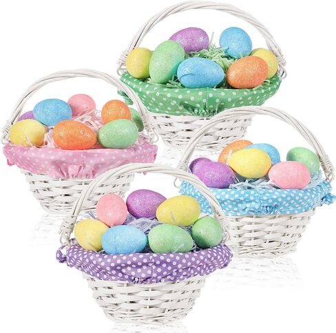 4 عبوات من سلة عيد الفصح مع بطانة من عشب الرافية سلة بيض عيد الفصح مع مقبض سلة هدايا منسوجة لصيد البيض وتخزين الحلوى وحفلات النزهة، 7.9 × 3.9 × 3.9 بوصة (لون لطيف، دانتيل) in Kuwait
